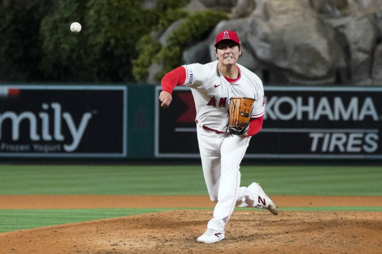 Los Angeles Angels starting pitcher Shohei Ohtani (17) throws during a baseball game against the Kansas City Royals in Anaheim