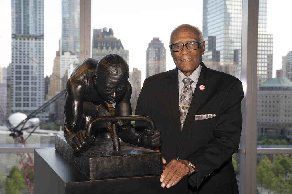 Olympic-medalist and former Moët Hennessy executive Herb Douglas attends the unveiling of artist Kadir Nelson's inspired art sculpture titled, ''The Major,'' at the World Trade Center