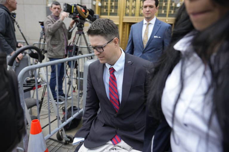 Brian Kolfage leaves court after being sentenced for defrauding donors to the ''We Build the Wall'' effort, Wednesday, April 26, 2023, in New York