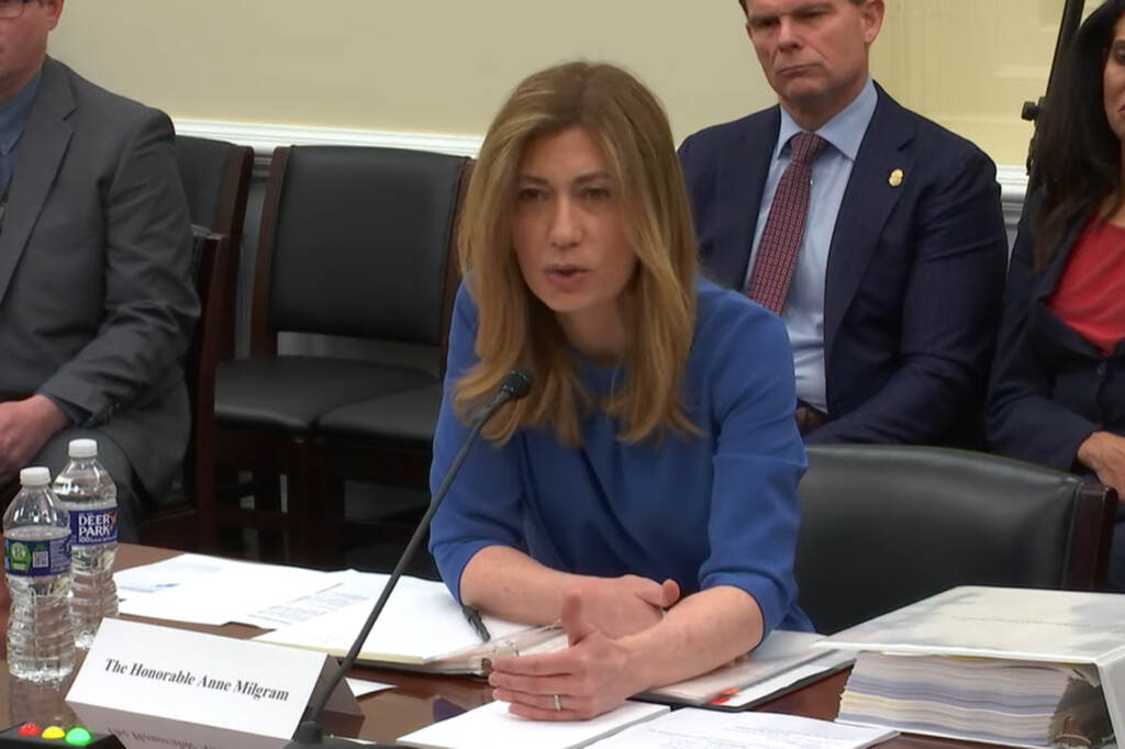 DEA Contract Probe In this image from video provided by the U.S. House Appropriations Committee, Drug Enforcement Administration chief Anne Milgram speaks during a meeting with the committee on Capitol Hill in Washington