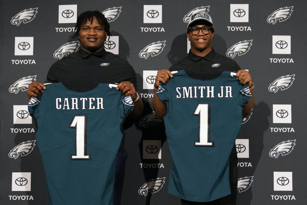 Eagles Football Newly drafted Philadelphia Eagles' Jalen Carter (left) and Nolan Smith pose for a photo after a news conference at the NFL football team's training facility