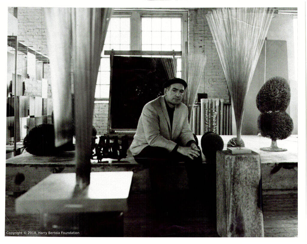 Harry-in-shop1960s Harry Bertoia with samples of his sculpture in the early 1960s; his favorite photo of himself. (Credit: Harry Bertoia Foundation)