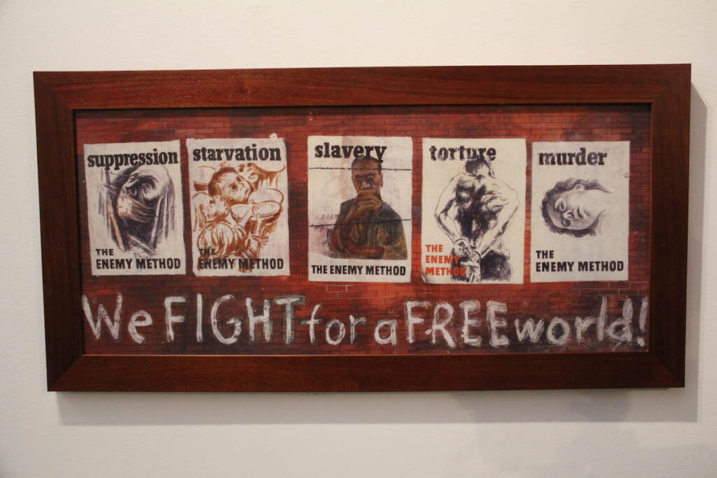We Fight For A Free World, a piece by Ben Shahn from 1942, focused on the violent and oppressive methods of Fascism and Nazism that can surface in any country