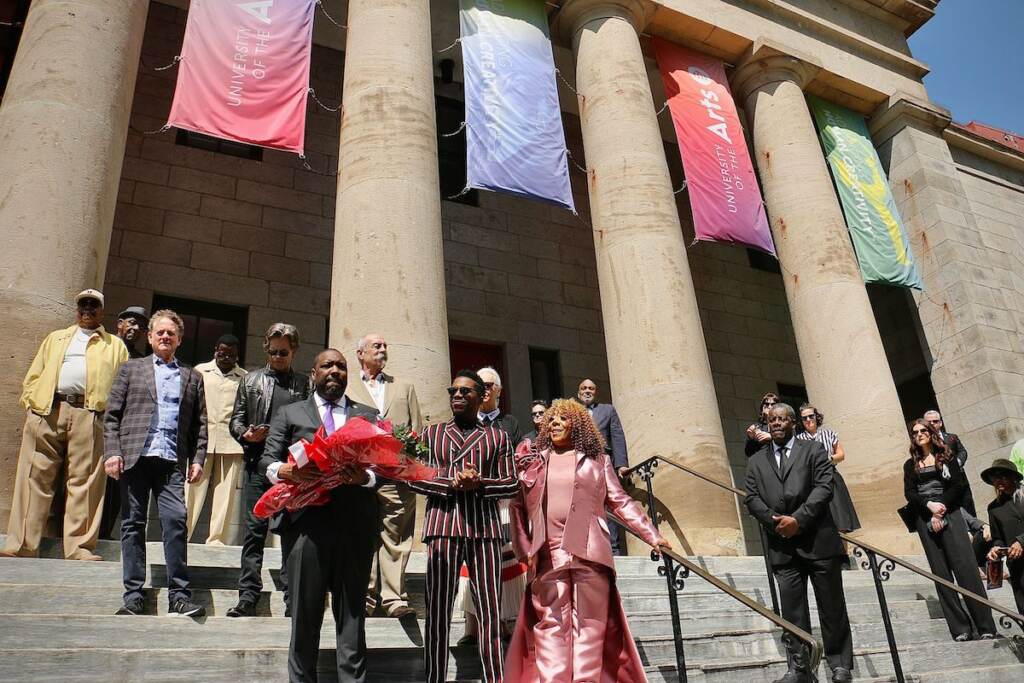 Image from iOS (97) Six new inductees to the Philadelphia Music Alliance Walk of Fame gather on the steps of the University of the Arts’ Hamilton Hall for a ceremonial unveiling of their stars