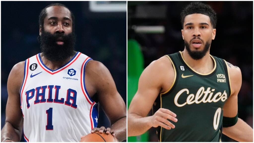 Harden Tatum 2 box Philadelphia 76ers' James Harden and Boston Celtics forward Jayson Tatum