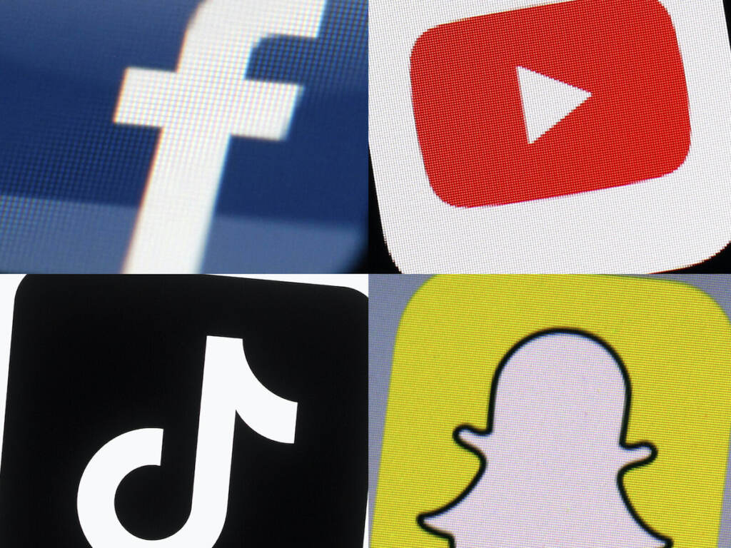 Social Media-Parent Consent FILE - This combination of 2017-2022 photos shows the logos of Facebook, YouTube, TikTok and Snapchat on mobile devices. Ohio's governor wants the state to require parental consent for kids under 16 to get new accounts on TikTok, Snapchat and other social media platforms. Republican Gov. Mike DeWine's two-year budget proposal, Tuesday, Feb. 14, 2023 would create a law that social media companies must obtain a parent's permission for children to sign up for social media and gaming apps.
(AP Photo, File)