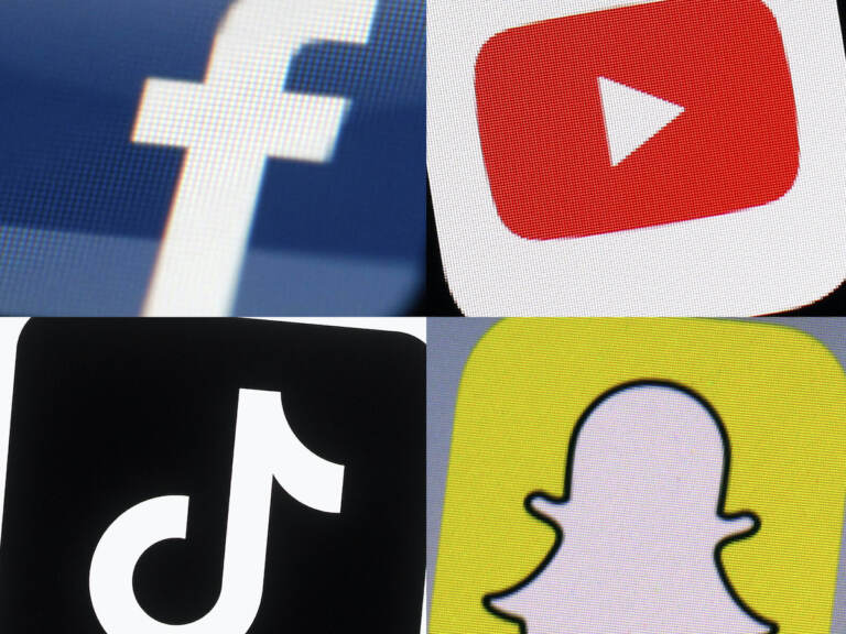 FILE - This combination of 2017-2022 photos shows the logos of Facebook, YouTube, TikTok and Snapchat on mobile devices.  Ohio's governor wants the state to require parental consent for kids under 16 to get new accounts on TikTok, Snapchat and other social media platforms. Republican Gov. Mike DeWine's two-year budget proposal, Tuesday, Feb. 14, 2023 would create a law that social media companies must obtain a parent's permission for children to sign up for social media and gaming apps.  
(AP Photo, File)