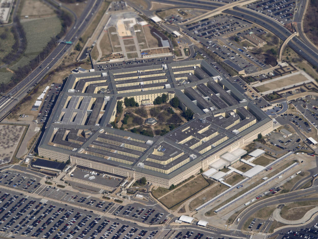 Leaked Documents Investigation he Pentagon is seen from Air Force One as it flies over Washington, March 2, 2022