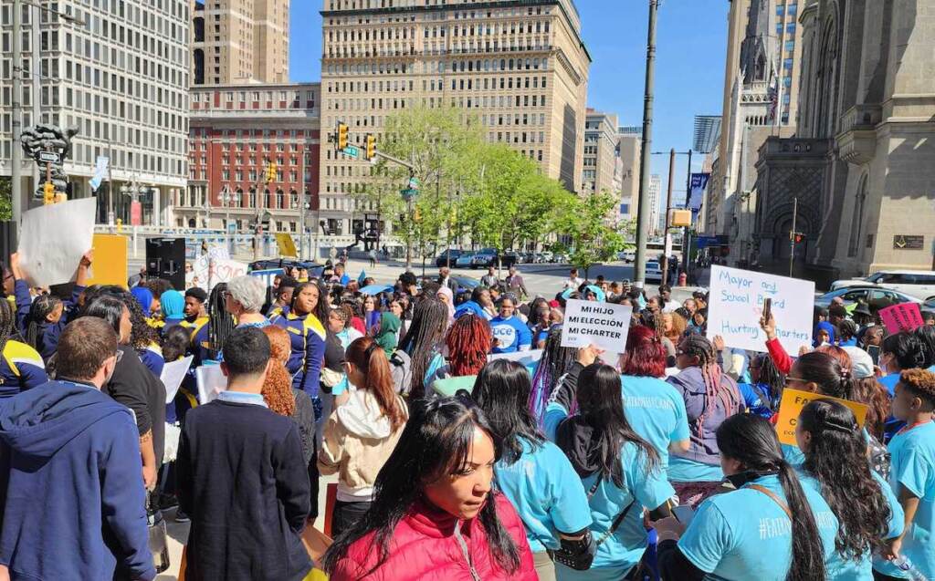 charter-school-fairness-1 Rallyers gather at City Hall.