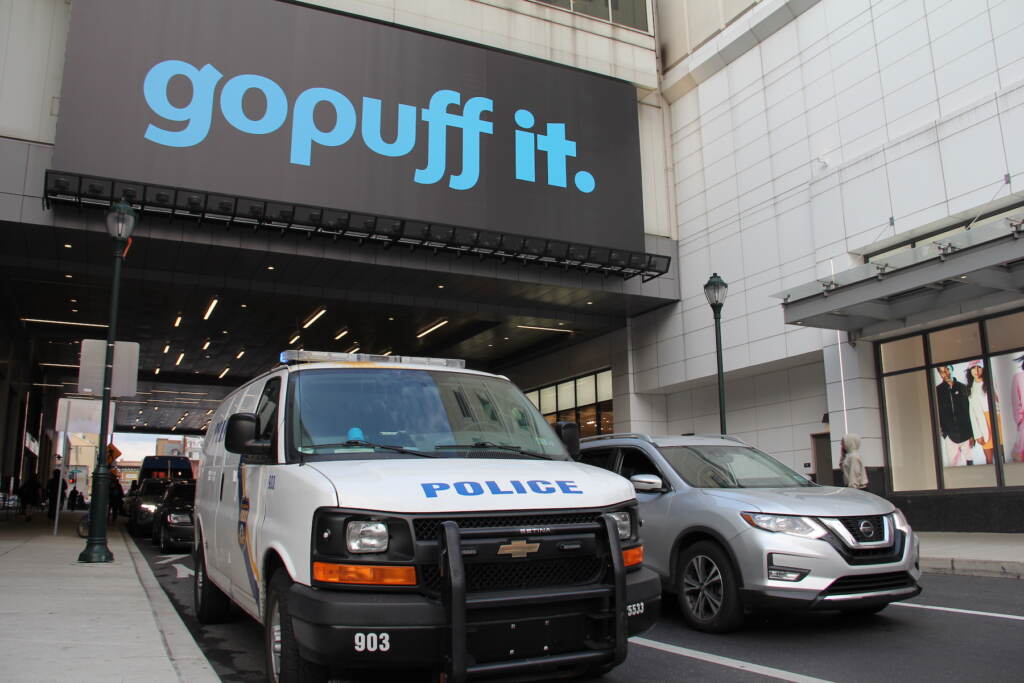 fashion-district-philadelphia-police-c-sharber-2023-04-06-1 police car outside of the Fashion District Philadelphia mall.