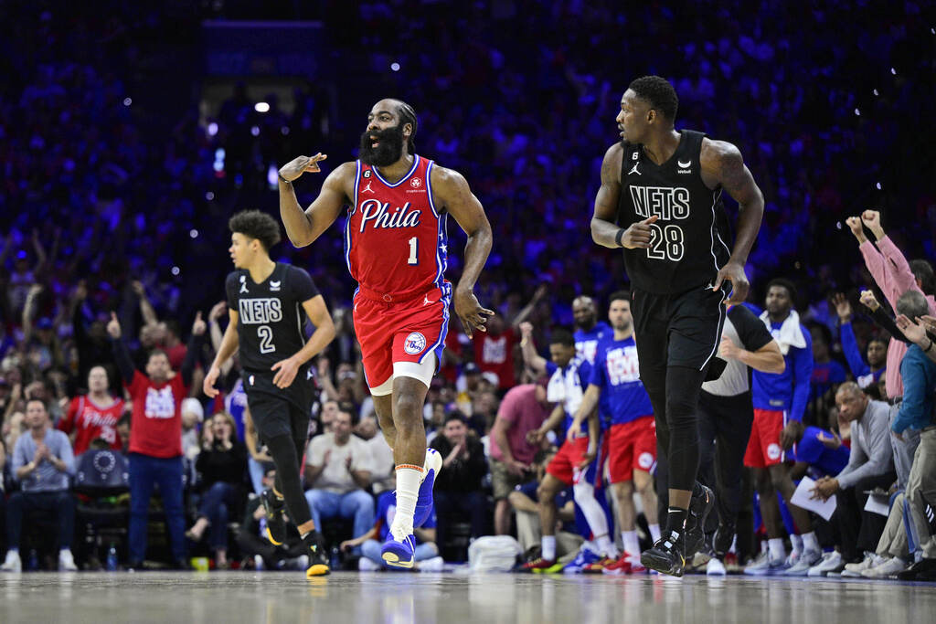 James Harden Harden celebrates on the court.