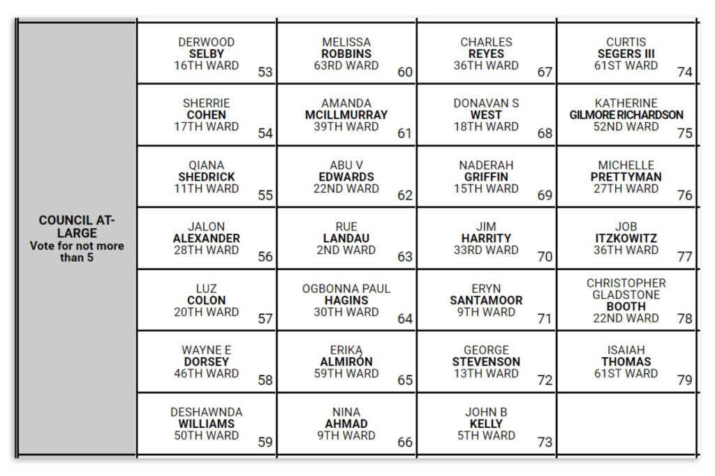 philadelphia-mailballot-may2023 A portion of the 2023 primary ballot showing council at large candidates.