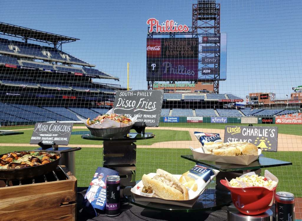 phillies-food-a-mohsen-billy-penn-2023-04-04 The spread of new food dishes at Citizens Bank Park, backed by the giant new Phanavision screen. (Ali Mohsen/Billy Penn)