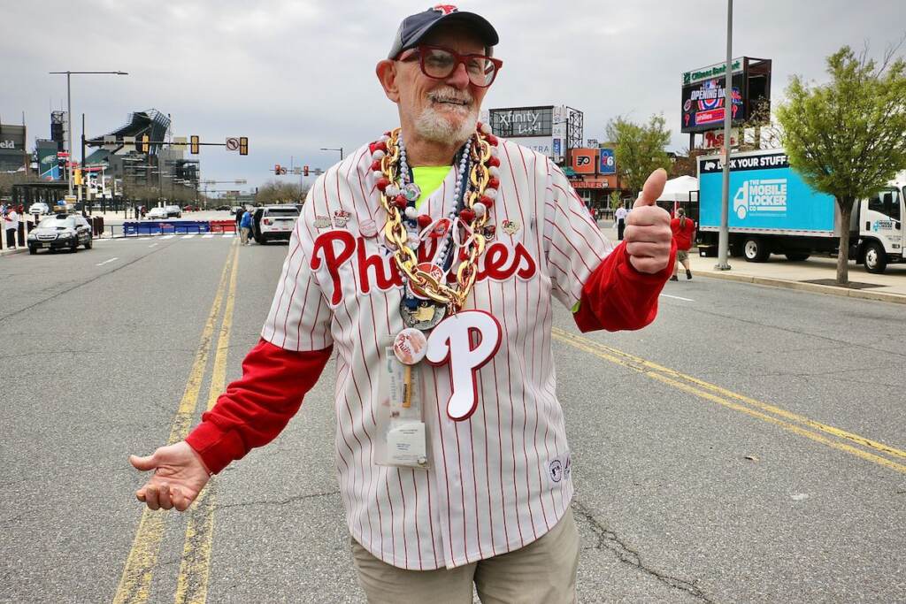 phillies-homeopener-2 Steve Wilson gives a thumbs up as he poses, decked out in Phillies gear.