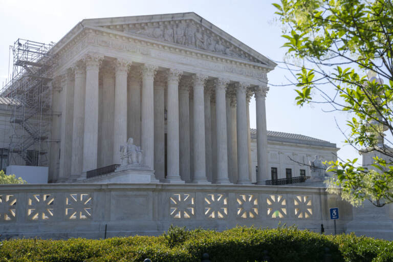 A view of the U.S. Supreme Court building on a sunny day.