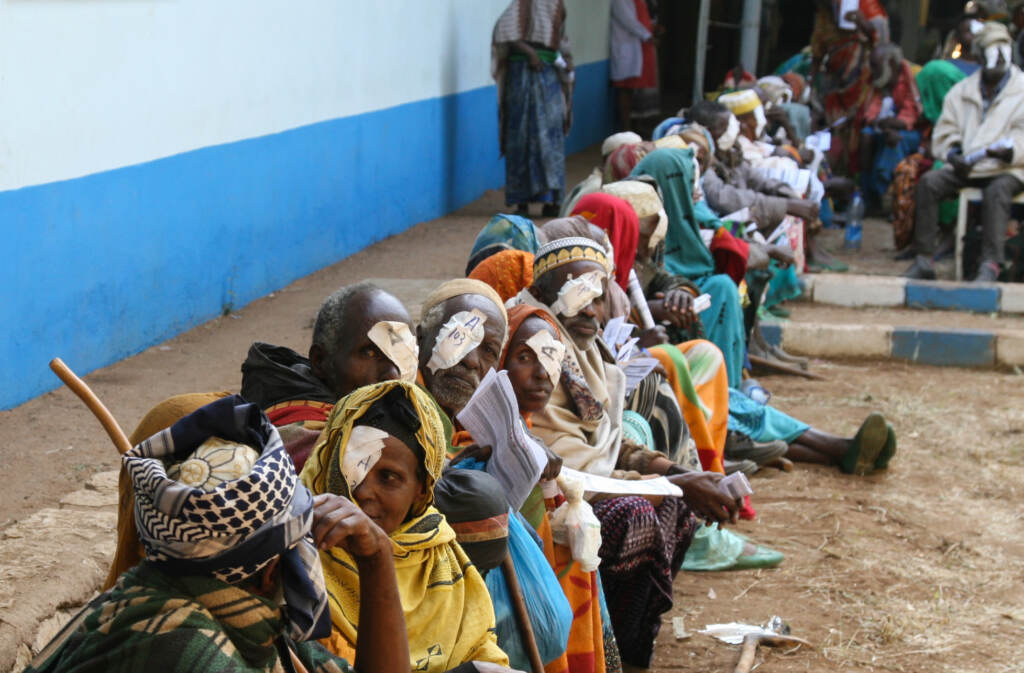 Even a straightforward cataract surgery may be impossible in many places. These patients underwent surgery as part of a campaign run by Himalayan Cataract Project at the Bisidimo Hospital in Ethiopia. Surgeons performed more than 1,600 cataract surgeries during a six-day event. A row of people await check-up from cataract surgery
