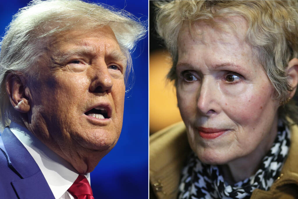 Former President Donald Trump faces a lawsuit from E. Jean Carroll, an advice columnist who says he raped her in a department store in the mid-1990s. Trump denies the allegations. side by side photos of Donald Trump and E. Jean Carroll.
