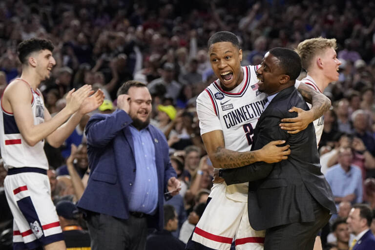 Connecticut guard Jordan Hawkins celebrates after the men's national championship college basketball game against San Diego State in the NCAA Tournament