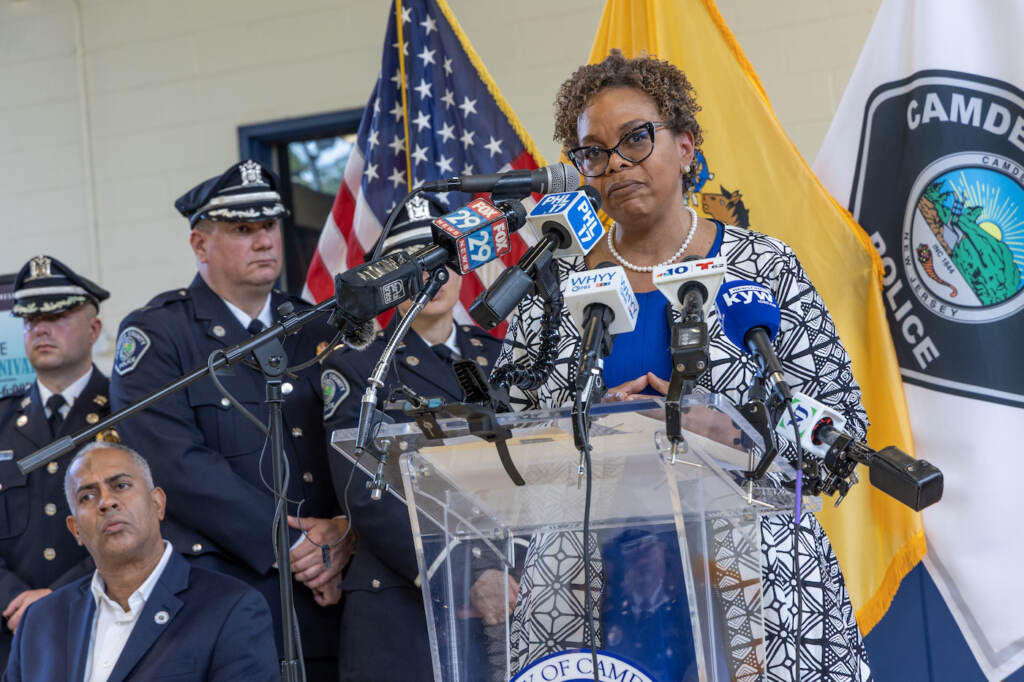 05 01 2023 k paynter dana redd former mayor camden n.j. police on corner Dana Redd, Mayor of Camden, N.J. from 2010-18, spoke at the 10th anniversary event for the Camden County Police Department on May 1, 2023. (Kimberly Paynter/WHYY)