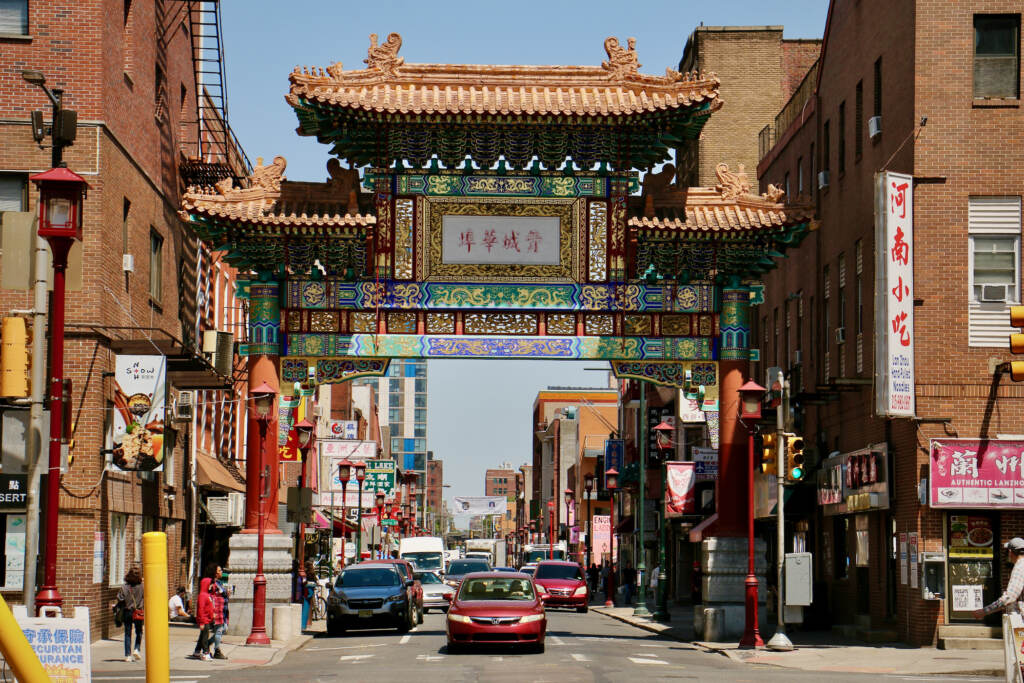 The Chinatown Friendship Arch is visible on a sunny day.