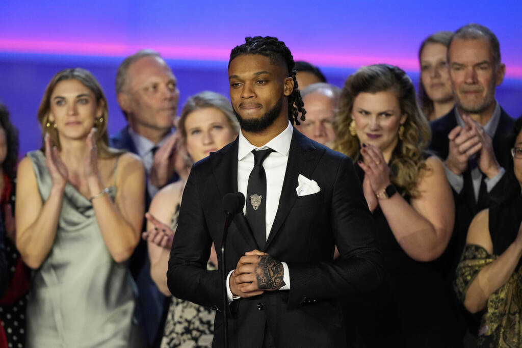 Super Bowl Honors Football Buffalo Bills' Damar Hamlin speaks in front of University of Cincinnati Medical Center staff during the NFL Honors award show ahead of Super Bowl 57