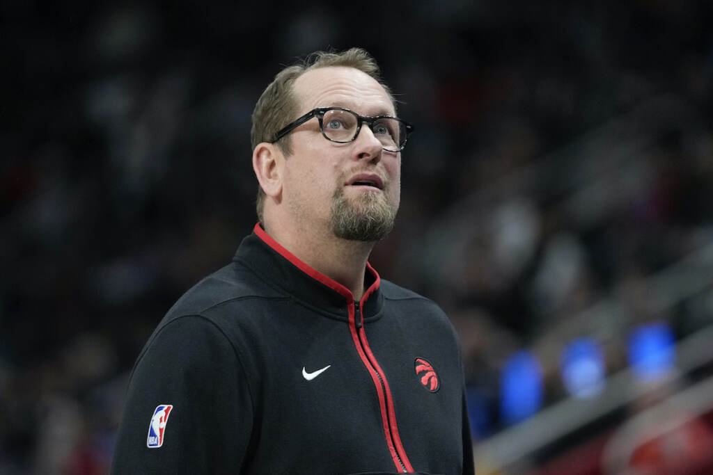Raptors Pistons Basketball Toronto Raptors head coach Nick Nurse watches against the Detroit Pistons in the second half of an NBA basketball game in Detroit, Saturday, Feb. 25, 2023. (AP Photo/Paul Sancya)