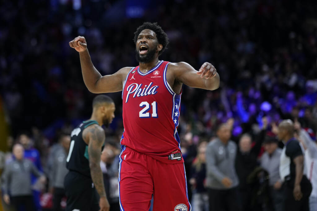 Trail Blazers 76ers Basketball Philadelphia 76ers' Joel Embiid celebrates