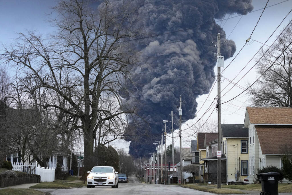 Train Derailment Ohio A black plume rises over East Palestine, Ohio, as a result of a controlled detonation of a portion of the derailed Norfolk Southern trains.