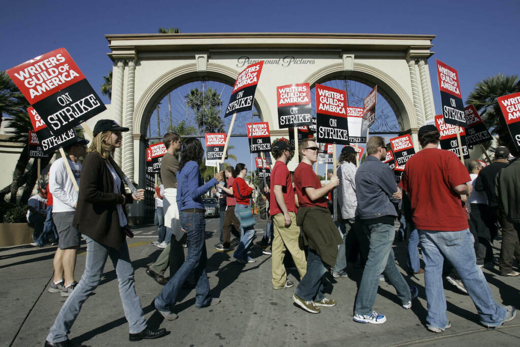 Hollywood Writers Strike Striking writers walk the picket line outside Paramount Studios in Los Angeles on Dec. 13, 2007. Television and movie writers on Monday, May 1, 2023, declared that they will launch an industrywide strike for the first time since 2007, as Hollywood girded for a shutdown in a dispute over fair pay in the streaming era.
(AP Photo/Nick Ut, File)
