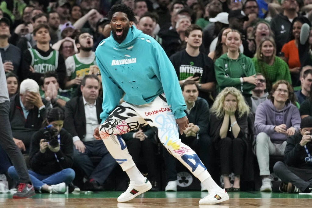 76ers Celtics Basketball PhilaPhiladelphia 76ers center Joel Embiid celebrates after a 3-point basket by James Harden during the final minute of Game 1 against the Boston Celtics in the NBA basketball Eastern Conference semifinals playoff series, Monday, May 1, 2023, in Bostondelphia 76ers center Joel Embiid celebrates after a 3-point basket by James Harden during the final minute of Game 1 against the Boston Celtics in the NBA basketball Eastern Conference semifinals playoff series, Monday, May 1, 2023, in Boston