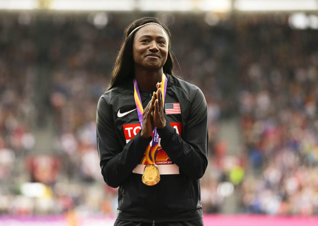 Obit Tori Bowie United States' Tori Bowie gestures after receiving the gold medal she won in the women's 100m final during the World Athletics Championships in London, Monday, Aug. 7, 2017. Tori Bowie, the sprinter who won three Olympic medals at the 2016 Rio de Janeiro Games, has died, her management company and USA Track and Field said Wednesday, May 3, 2023. Bowie was 32. She was found Tuesday in her Florida home. No cause of death was given. (AP Photo/Alastair Grant, File)