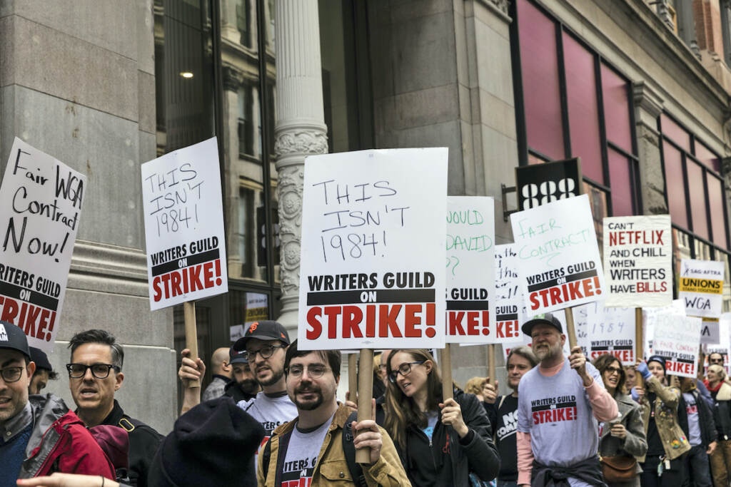 Hollywood Writers Strike Members of the Writers Guild of America union protest outside the Netflix headquarters near Union Square, Wednesday, May 3, 2023, in New York.
(AP Photo/Stefan Jeremiah)