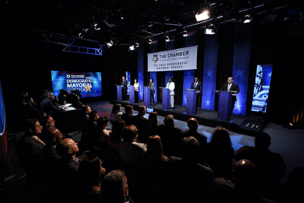 Jeff Brown, Helen Gym, Rebecca Rhynhart, Cherelle Parker, Amen Brown, Allan Domb Mayoral candidates, from left to right, Jeff Brown, Helen Gym, Rebecca Rhynhart, Cherelle Parker, state Rep. Amen Brown and Allan Domb take part in a Democratic primary debate at the WPVI-TV studio in Philadelphia on April 25, 2023. In Philadelphia's first mayoral race since crime spiked during the coronavirus pandemic, the crowded Democratic field is trying to make public safety a campaign cornerstone, advocating approaches that range from mental health interventions and cleaner streets to echoes of “tough-on-crime” Republican rhetoric.
(AP Photo/Matt Rourke, File)