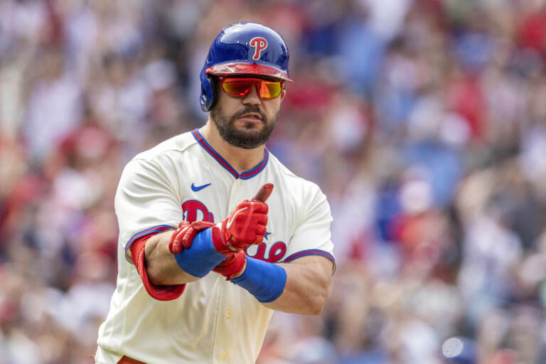 Philadelphia Phillies designated hitter Kyle Schwarber gestures after hitting a home run during the seventh inning of a baseball game against the Boston Red Sox, Sunday, May 7, 2023, in Philadelphia