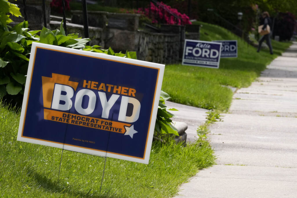 Election 2023 Pennsylvania House Campaign signs for Heather Boyd and Katie Ford are seen, Thursday, May 4, 2023, in Aldan, Pa. The two are running in a special election in the Philadelphia suburbs that will determine whether Democrats in the Pennsylvania House of Representatives will maintain control of the chamber or if Republicans will reclaim the majority control they held for 12 years until this January