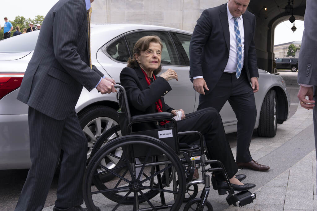 Dianne Feinstein Sen. Dianne Feinstein, D-Calif., is assisted to a wheelchair by staff as she returns to the Senate after a more than two-month absence, at the Capitol in Washington
