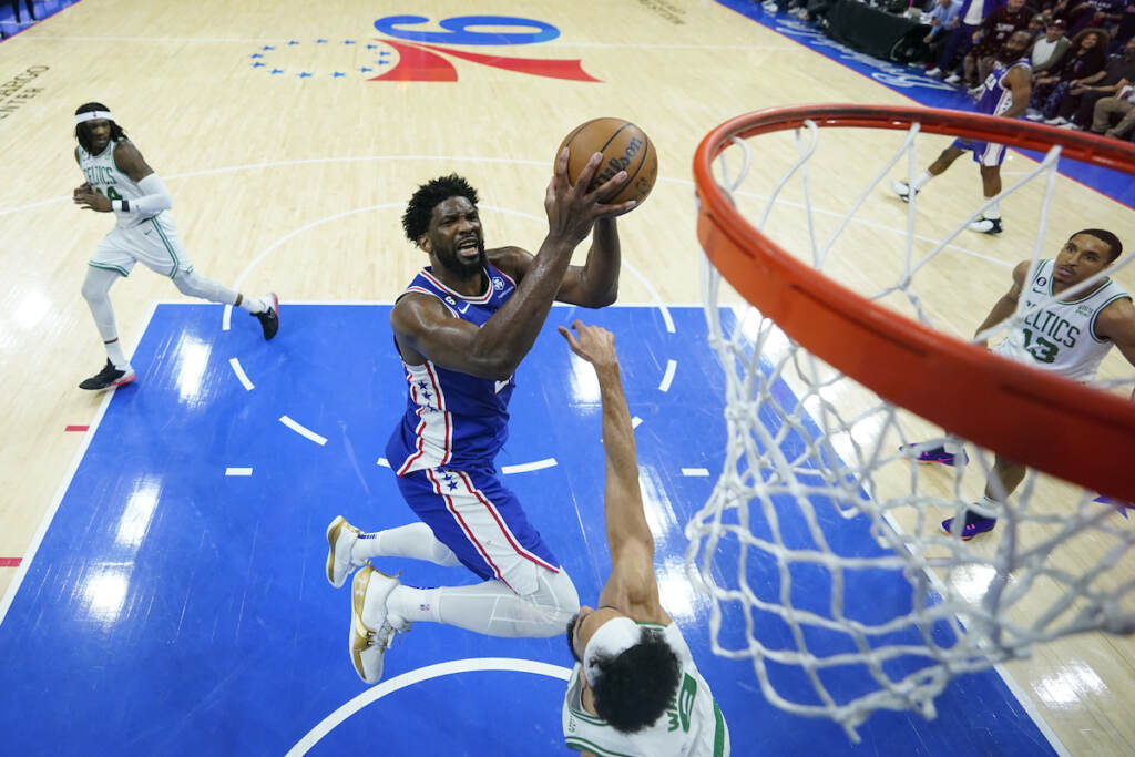 APTOPIX Celtics 76ers Basketball Philadelphia 76ers' Joel Embiid shoots against Boston Celtics' Derrick White during the second half of Game 6 of an NBA basketball playoffs Eastern Conference semifinal, Thursday, May 11, 2023, in Philadelphia