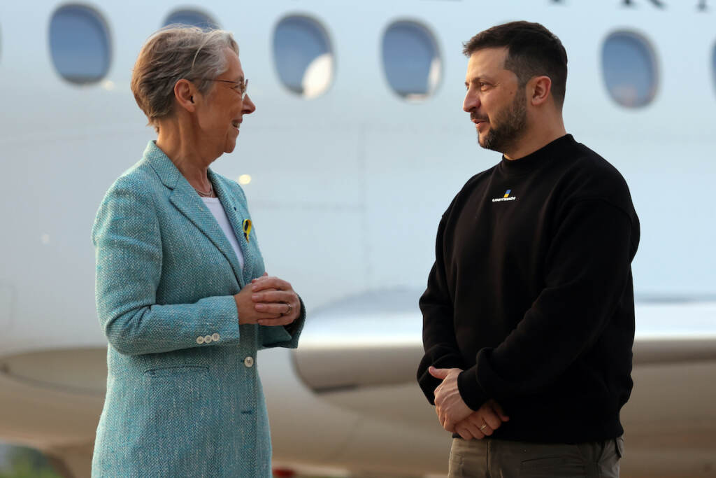 France Ukraine Zelenskyy Ukrainian President Volodymyr Zelenskyy is welcomed by French Prime minister Elisabeth Borne upon his arrival at Villacoublay Air Base, southwest of Paris, Sunday, May 14, 2023. Ukrainian President Volodymyr Zelenskyy makes a surprise visit to Paris for talks Sunday night with French President Emmanuel Macron, extending a multi-stop European tour that has elicited fresh pledges of military support as his country gears up for a counteroffensive against Russian occupation forces.
(Thomas Samson, Pool via AP)