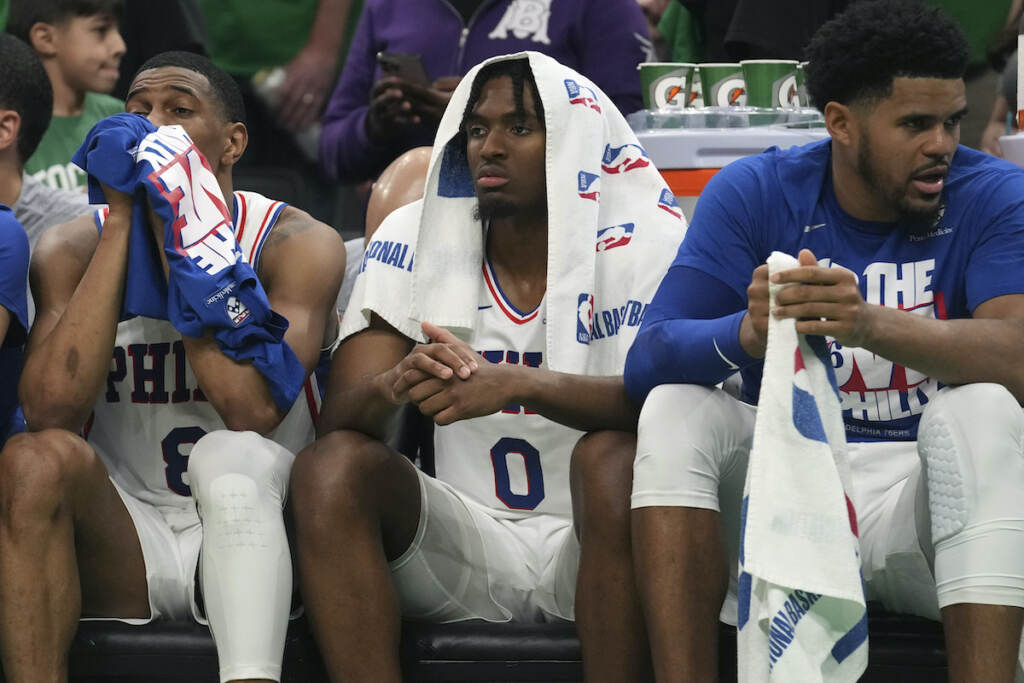 76ers Celtics Basketball Philadelphia 76ers guard Tyrese Maxey (0) is seated near guard De'Anthony Melton, left, as the 76ers trail the Boston Celtics during the second half of Game 7 in the NBA basketball Eastern Conference semifinals playoff series, Sunday, May 14, 2023, in Boston