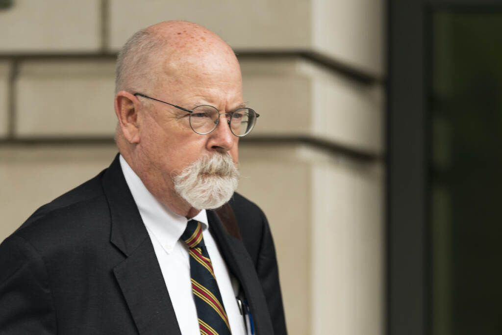 John Durham FIle photo: Special counsel John Durham, the prosecutor appointed to investigate potential government wrongdoing in the early days of the Trump-Russia probe, leaves federal court in Washington, May 16, 2022. Durham ended his four-year investigation into possible FBI misconduct in its probe of ties between Russia and Donald Trump’s 2016 presidential campaign. The report Monday, May 15, 2023, from Durham offers withering criticism of the bureau but a meager court record that fell far short of the former president’s prediction he would uncover the “crime of the century.”
