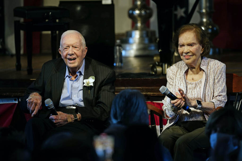Rosalynn Carter, Jimmy Carter Former President Jimmy Carter and his wife former first lady Rosalynn Carter sit together during a reception to celebrate their 75th wedding anniversary on July 10, 2021, in Plains, Ga. The Carter family shared news that Rosalynn Carter has dementia, The Carter Center announced Tuesday, May 30, 2023. (AP Photo/John Bazemore, Pool, File)