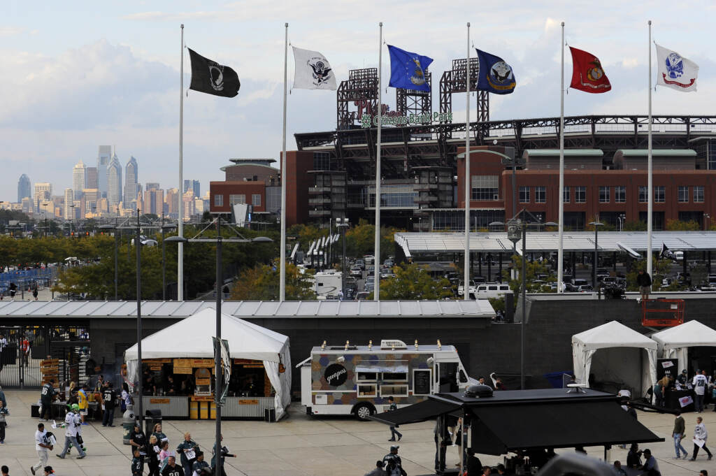 The Philadelphia skyline stands in the background of the city's sports complex.