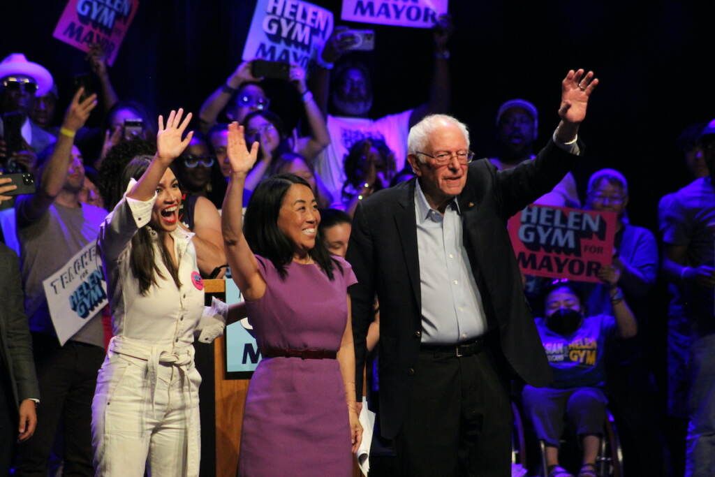 U.S. Representative Alexandria Ocasio-Cortez (left), Philadelphia’s Democratic mayoral candidates, Helen Gym (center) and U.S. Senator Bernie Sanders (right) U.S. Representative Alexandria Ocasio-Cortez (left), Philadelphia's Democratic mayoral candidates, Helen Gym (center) and U.S. Senator Bernie Sanders (right)