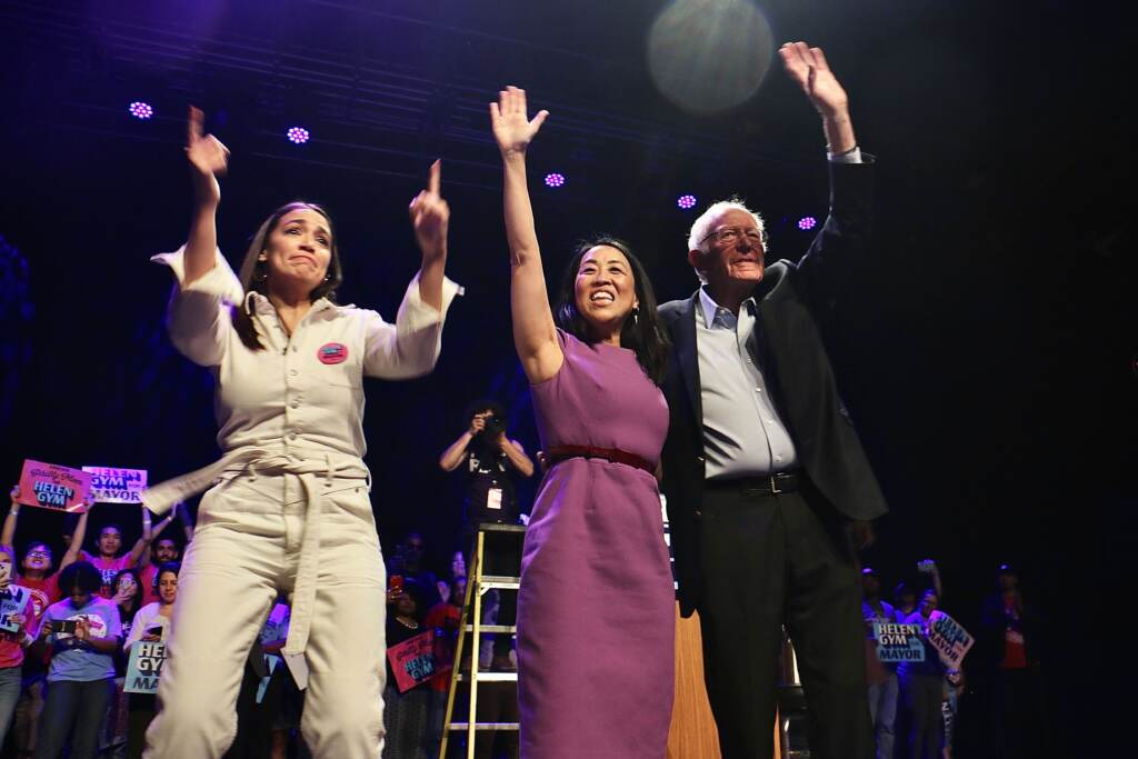 Philadelphia mayoral candidate Helen Gym is joined by U.S. Rep. Alexandria Ocasio-Cortez and Sen Bernie Sanders during a rally at Franklin Music Hall.