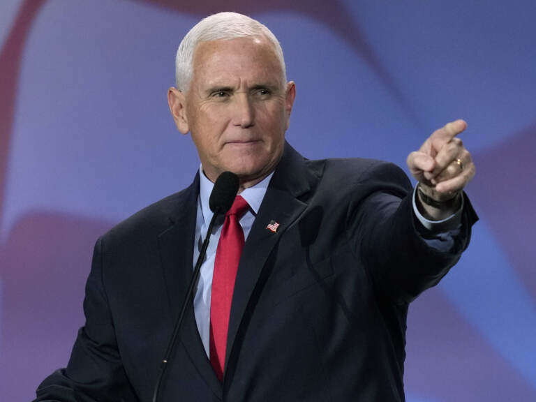 Former Vice President Mike Pence speaks at the annual leadership meeting of the Republican Jewish Coalition on Friday, Nov. 18, 2022, in Las Vegas.