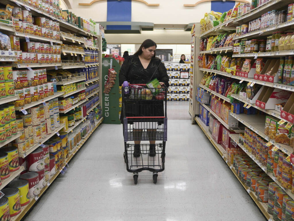 Food Stamps Jaqueline Benitez pushes her cart down an aisle as she shops for groceries.