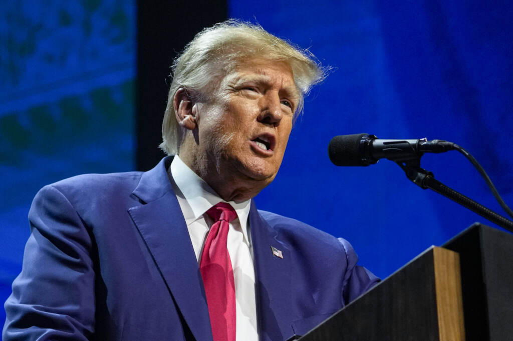 Former President Donald Trump speaks at the National Rifle Association Convention in Indianapolis