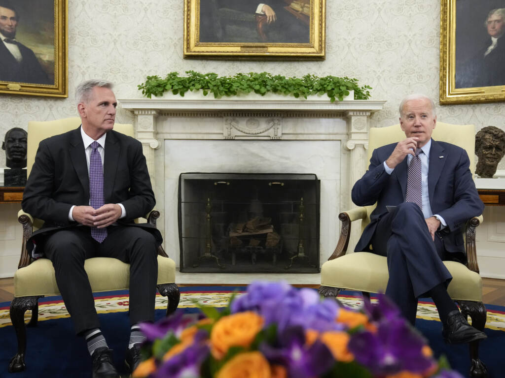 President Joe Biden meets with House Speaker Kevin McCarthy of Calif., to discuss the debt limit in the Oval Office of the White House on Monday. It lasted a little over an hour. Joe Biden and Kevin McCarthy at the White House