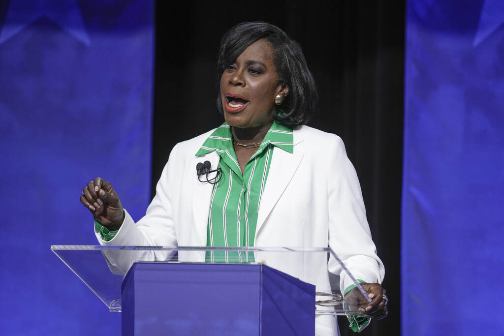 Election 2023 Democrats Crime Cherelle Parker speaks at a podium.