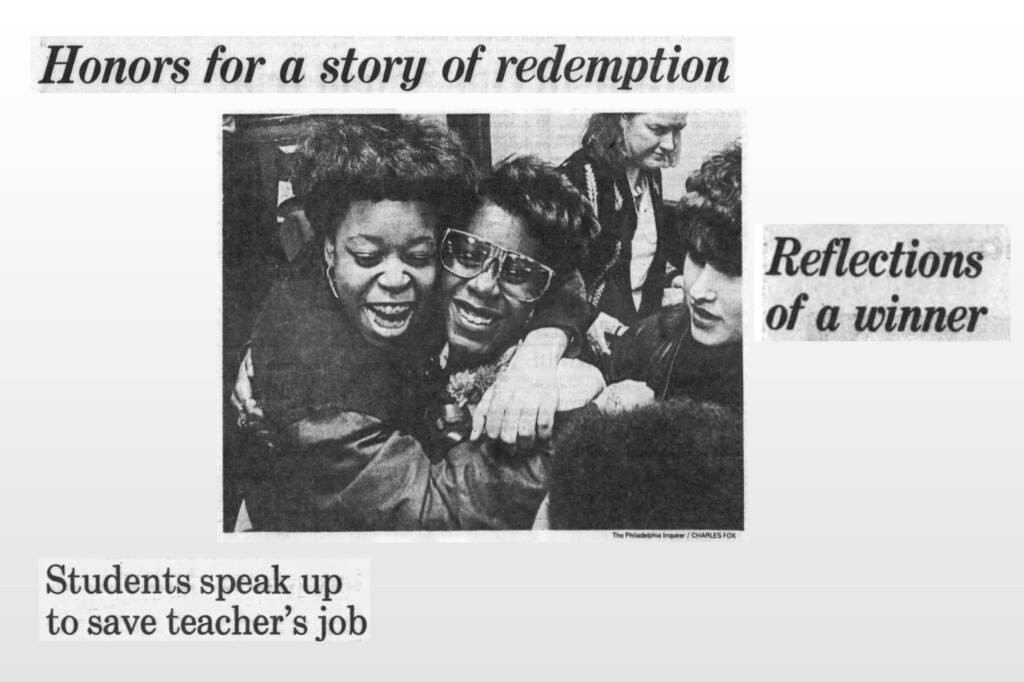 A teenage Cherelle Parker (center) is congratulated by friends and relatives after winning the Philadelphia Black History Oratorical Contest in 1990. Assorted Inquirer headlines from that year reference her win — and her connection with teacher Jeanette Jimenez.